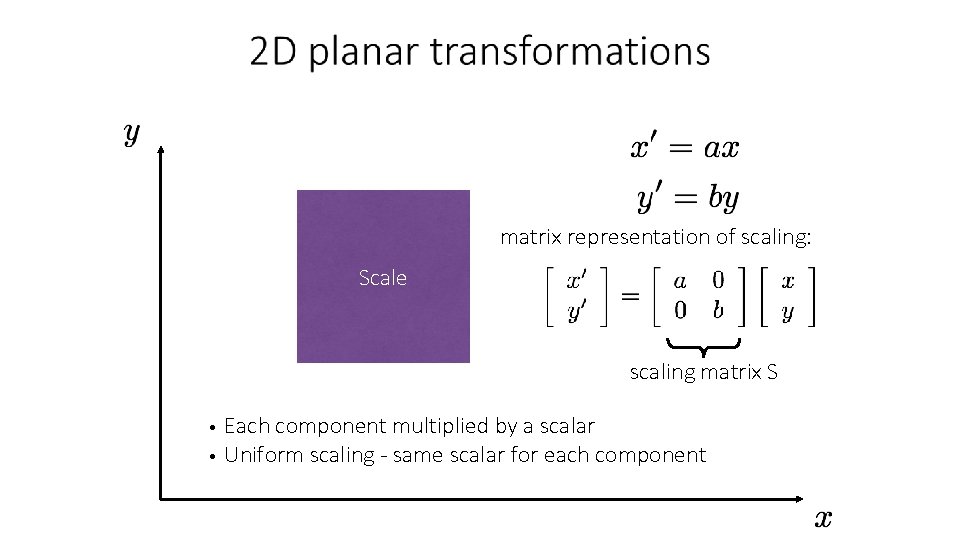 matrix representation of scaling: Scale scaling matrix S Each component multiplied by a scalar