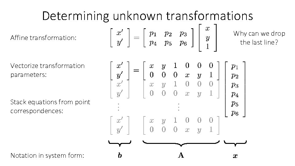 Determining unknown transformations Affine transformation: Vectorize transformation parameters: Stack equations from point correspondences: Notation