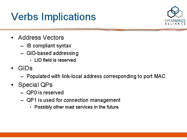 Verbs Implications • Address Vectors – IB compliant syntax – GID-based addressing • LID