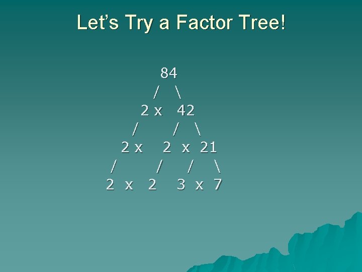 Let’s Try a Factor Tree! 84 /  2 x 42 / / 