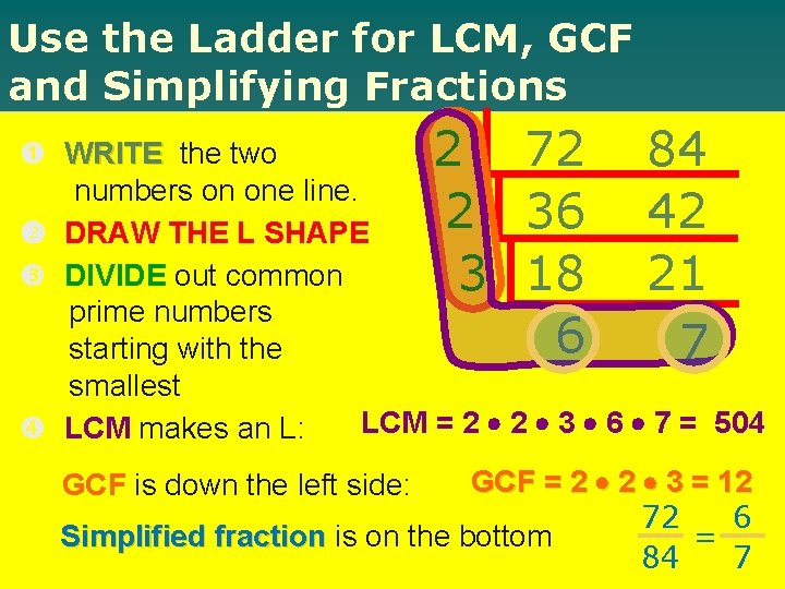 Use the Ladder for LCM, GCF and Simplifying Fractions WRITE the two 2 72