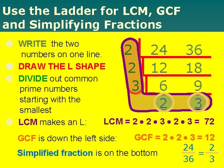 Use the Ladder for LCM, GCF and Simplifying Fractions WRITE the two 2 24