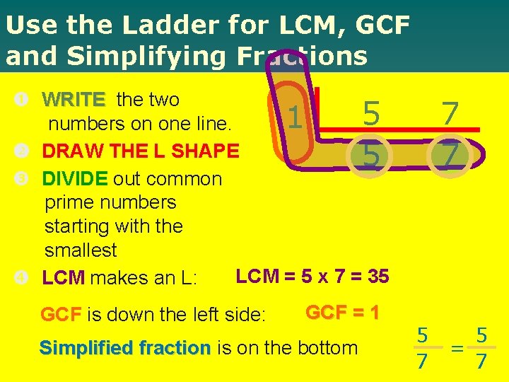 Use the Ladder for LCM, GCF and Simplifying Fractions WRITE the two 5 1