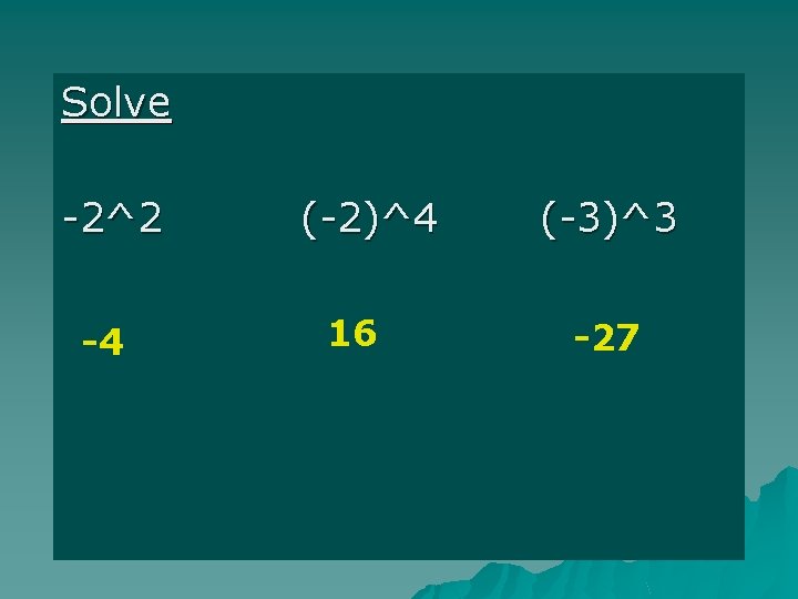 Solve -2^2 -4 (-2)^4 16 (-3)^3 -27 