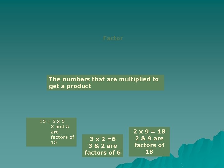 Factor The numbers that are multiplied to get a product 15 = 3 x