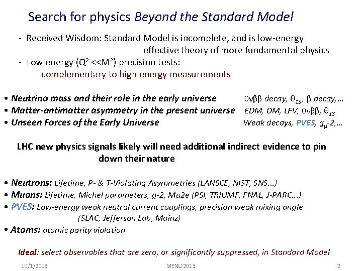 Search for physics Beyond the Standard Model - Received Wisdom: Standard Model is incomplete,