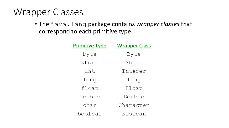 Wrapper Classes • The java. lang package contains wrapper classes that correspond to each