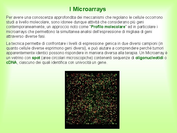 I Microarrays Per avere una conoscenza approfondita dei meccanismi che regolano le cellule occorrono