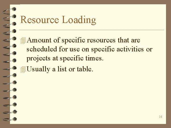 Resource Loading 4 Amount of specific resources that are scheduled for use on specific