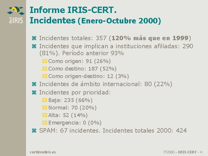 Informe IRIS-CERT. Incidentes (Enero-Octubre 2000) z Incidentes totales: 357 (120% más que en 1999) Informe IRIS-CERT. Incidentes (Enero-Octubre 2000) z Incidentes totales: 357 (120% más que en 1999)