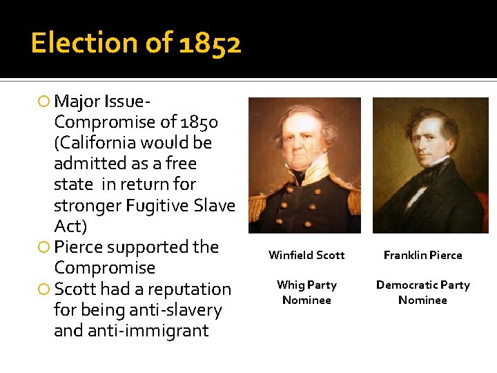 Election of 1852 Major Issue- Compromise of 1850 (California would be admitted as a
