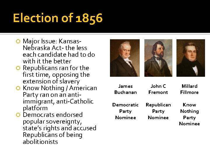 Election of 1856 Major Issue: Kansas. Nebraska Act- the less each candidate had to