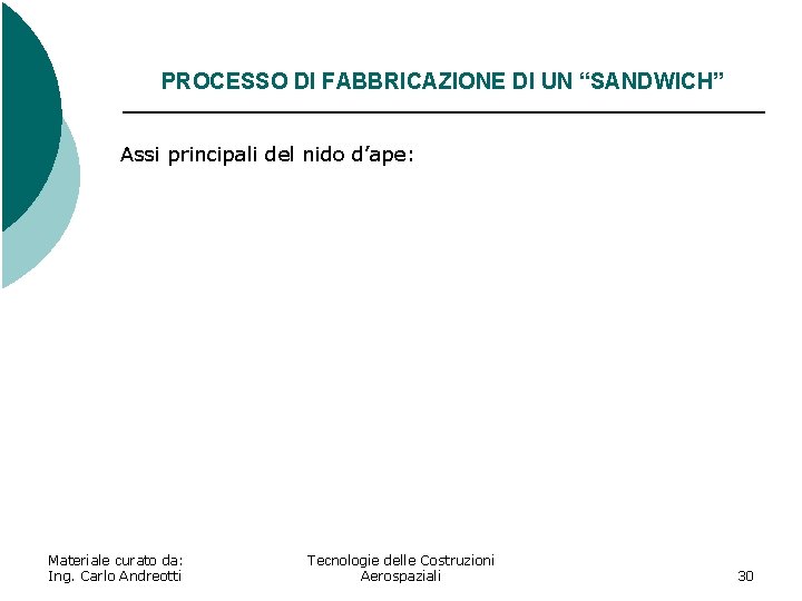 PROCESSO DI FABBRICAZIONE DI UN “SANDWICH” Assi principali del nido d’ape: Materiale curato da: