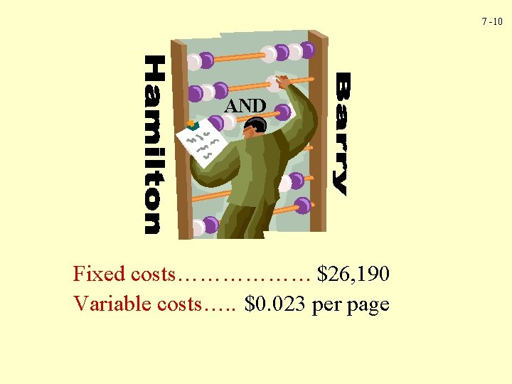 7 -10 AND Fixed costs……………… $26, 190 Variable costs…. . $0. 023 per page