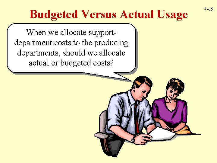 Budgeted Versus Actual Usage When we allocate supportdepartment costs to the producing departments, should