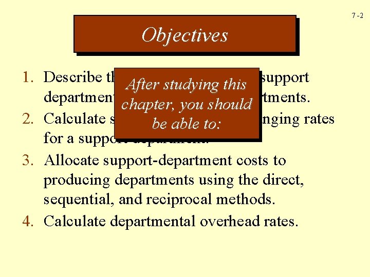 7 -2 Objectives 1. Describe the. After difference between studying this support departmentschapter, and