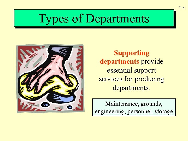 7 -4 Types of Departments Supporting departments provide essential support services for producing departments.