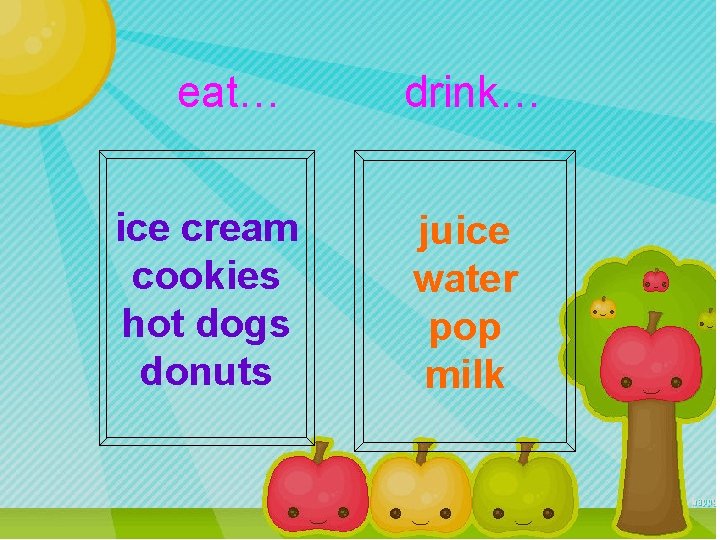 eat… ice cream cookies hot dogs donuts drink… juice water pop milk 