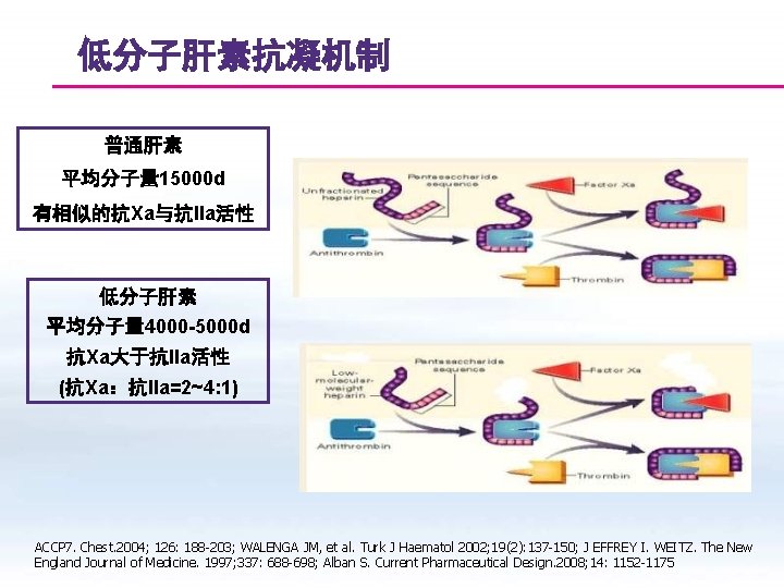 低分子肝素抗凝机制 普通肝素 平均分子量 15000 d 有相似的抗Xa与抗IIa活性 低分子肝素 平均分子量 4000 -5000 d 抗Xa大于抗IIa活性 (抗Xa：抗IIa=2~4: 1)