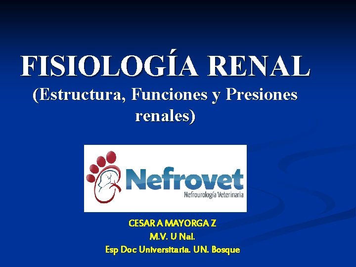 FISIOLOGÍA RENAL (Estructura, Funciones y Presiones renales) CESAR A MAYORGA Z M. V. U