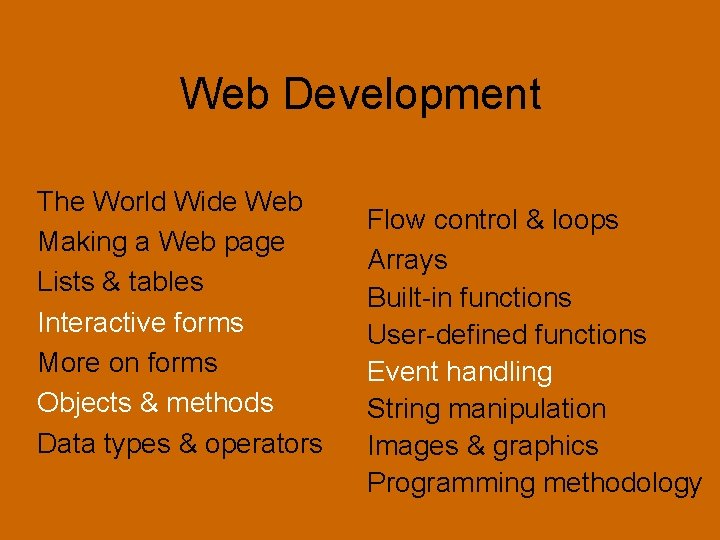 Web Development The World Wide Web Making a Web page Lists & tables Interactive