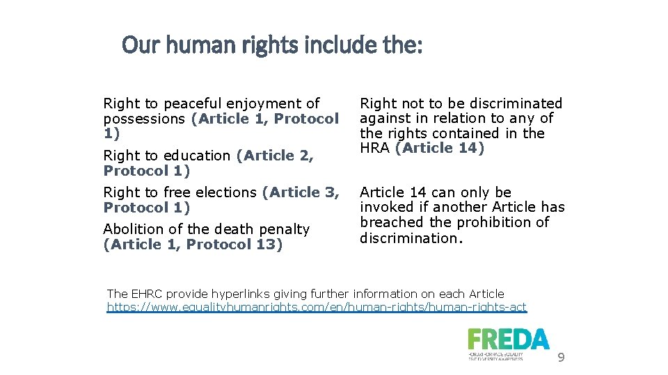 Our human rights include the: Right to peaceful enjoyment of possessions (Article 1, Protocol