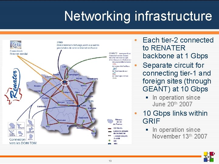 Networking infrastructure • Each tier-2 connected to RENATER backbone at 1 Gbps • Separate