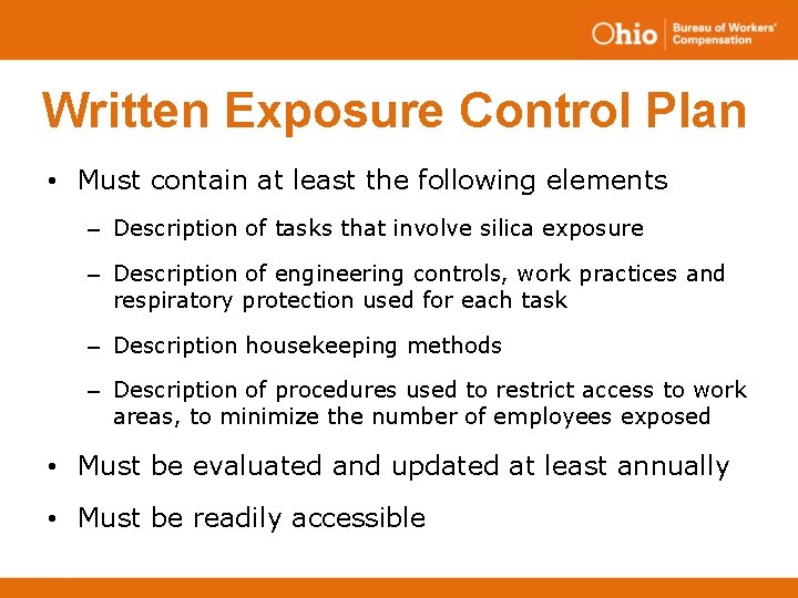 Written Exposure Control Plan • Must contain at least the following elements – Description