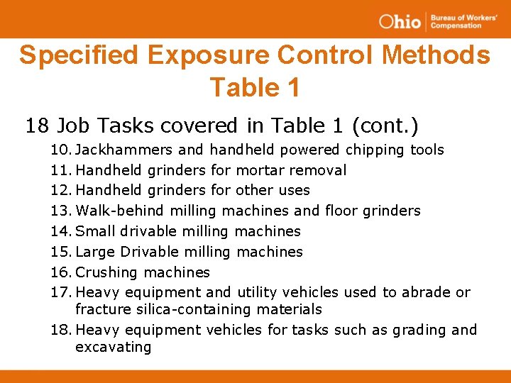 Specified Exposure Control Methods Table 1 18 Job Tasks covered in Table 1 (cont.