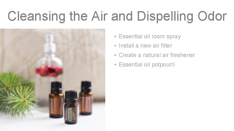 Cleansing the Air and Dispelling Odor • Essential oil room spray • Install a