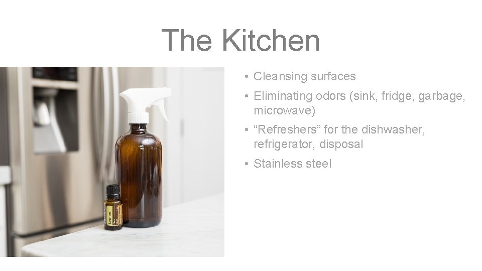 The Kitchen • Cleansing surfaces • Eliminating odors (sink, fridge, garbage, microwave) • “Refreshers”