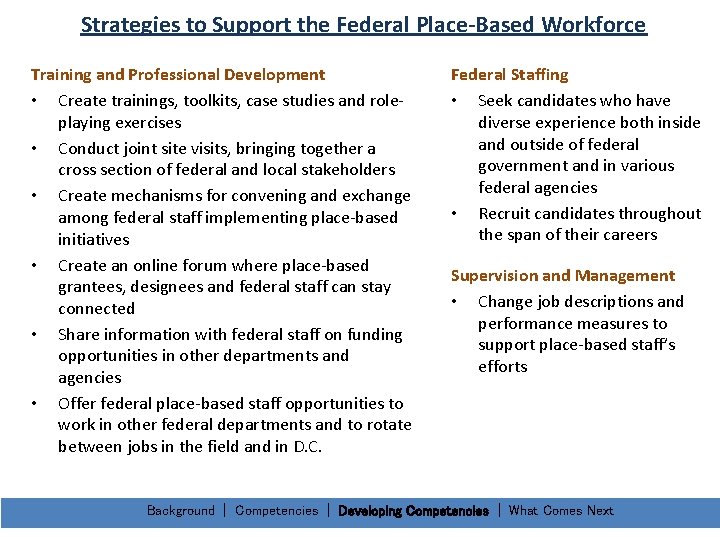 Strategies to Support the Federal Place-Based Workforce Training and Professional Development • Create trainings,