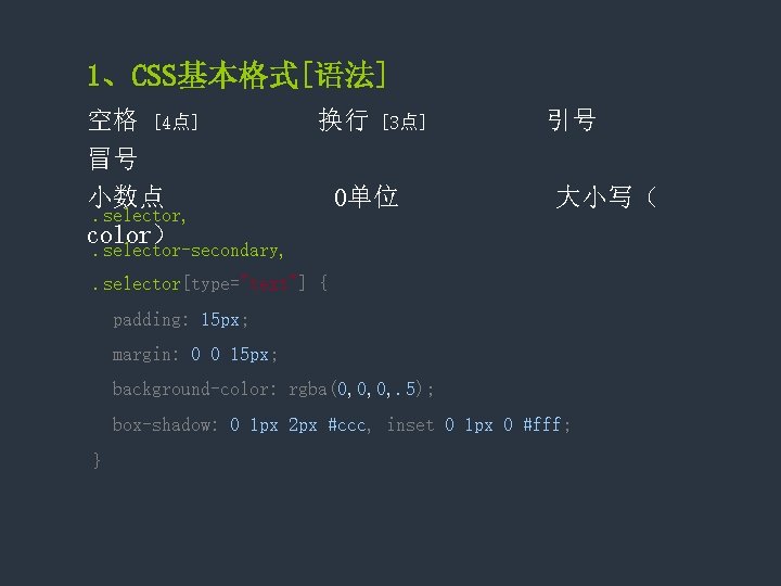 1、CSS基本格式[语法] 空格 [4点] 换行 冒号 小数点. selector, color）. selector-secondary, [3点] 0单位 引号 大小写（ .