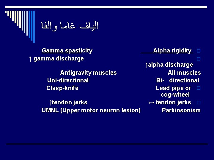  ﺍﻟﻴﺎﻑ ﻏﺎﻣﺎ ﻭﺍﻟﻔﺎ Gamma spasticity ↑ gamma discharge Alpha rigidity o o ↑alpha