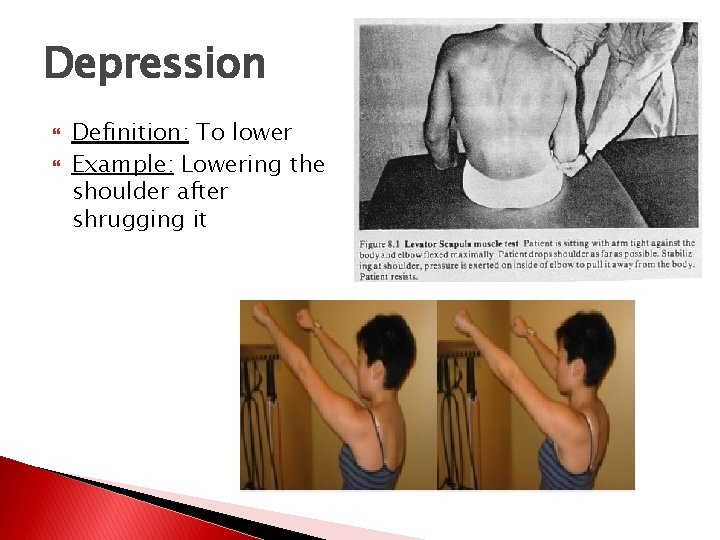 Depression Definition: To lower Example: Lowering the shoulder after shrugging it 