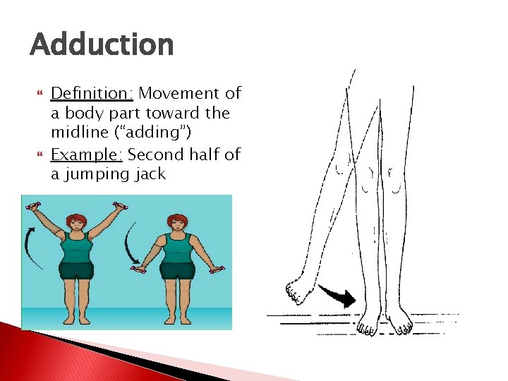 Adduction Definition: Movement of a body part toward the midline (“adding”) Example: Second half