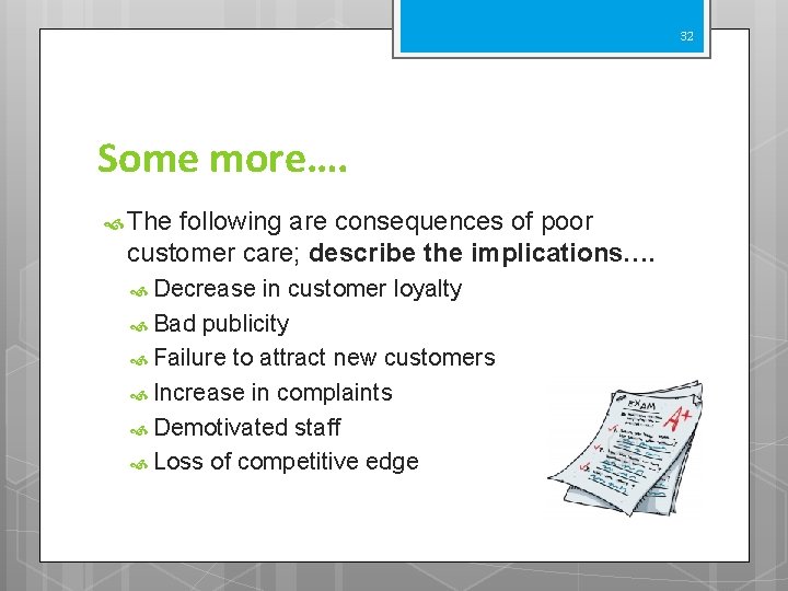 32 Some more…. The following are consequences of poor customer care; describe the implications….