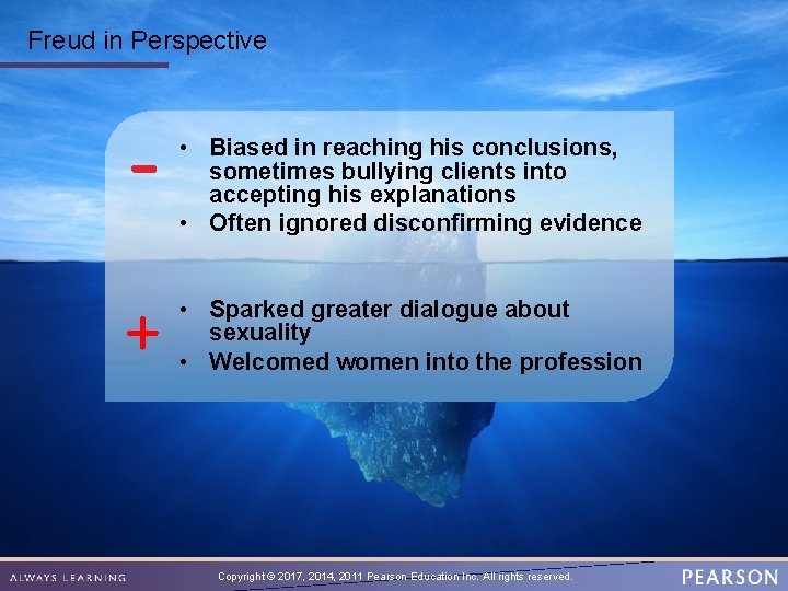 Freud in Perspective + • Biased in reaching his conclusions, sometimes bullying clients into