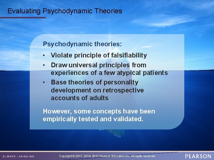 Evaluating Psychodynamic Theories Psychodynamic theories: • Violate principle of falsifiability • Draw universal principles