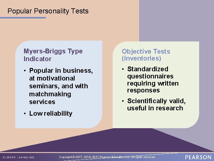 Popular Personality Tests Myers-Briggs Type Indicator Objective Tests (inventories) • Popular in business, at Popular Personality Tests Myers-Briggs Type Indicator Objective Tests (inventories) • Popular in business, at