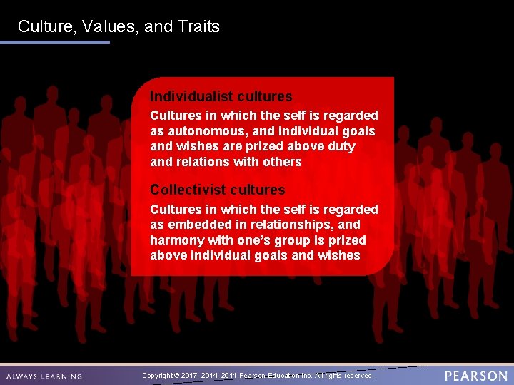 Culture, Values, and Traits Individualist cultures Cultures in which the self is regarded as