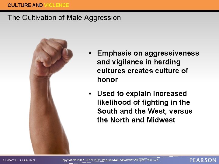 CULTURE AND VIOLENCE The Cultivation of Male Aggression • Emphasis on aggressiveness and vigilance CULTURE AND VIOLENCE The Cultivation of Male Aggression • Emphasis on aggressiveness and vigilance