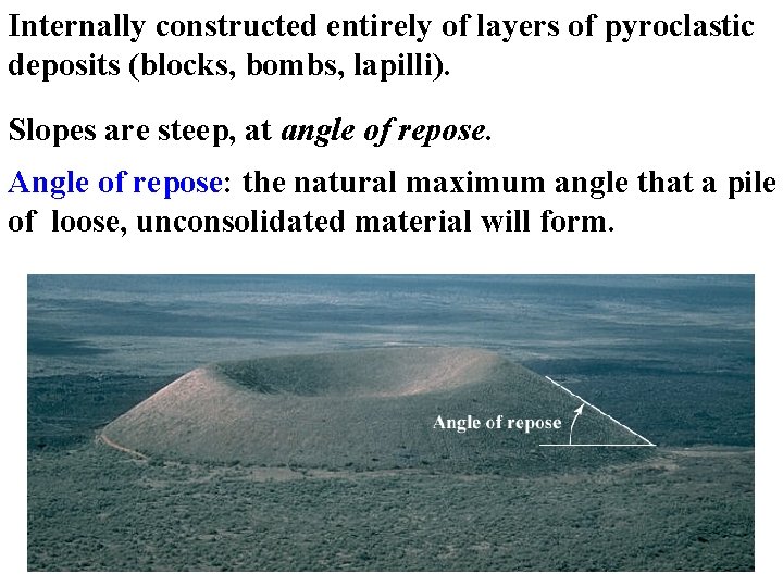 Internally constructed entirely of layers of pyroclastic deposits (blocks, bombs, lapilli). Slopes are steep,