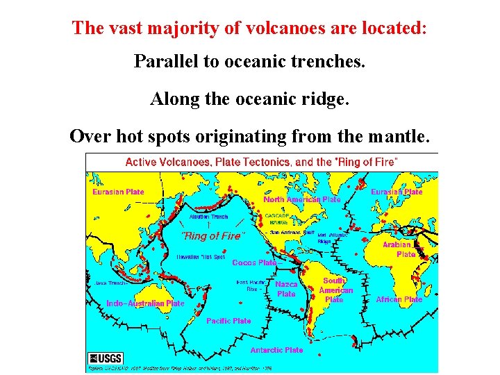 The vast majority of volcanoes are located: Parallel to oceanic trenches. Along the oceanic