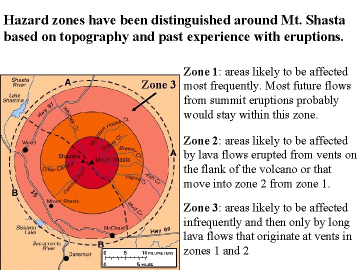 Hazard zones have been distinguished around Mt. Shasta based on topography and past experience