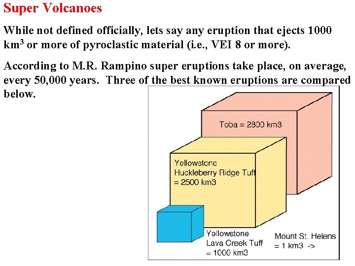 Super Volcanoes While not defined officially, lets say any eruption that ejects 1000 km