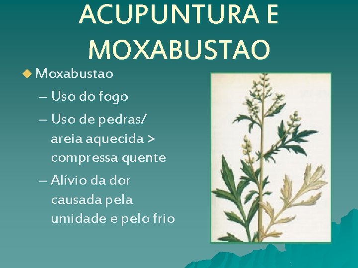 ACUPUNTURA E MOXABUSTAO u Moxabustao – Uso do fogo – Uso de pedras/ areia