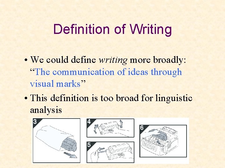 Definition of Writing • We could define writing more broadly: “The communication of ideas