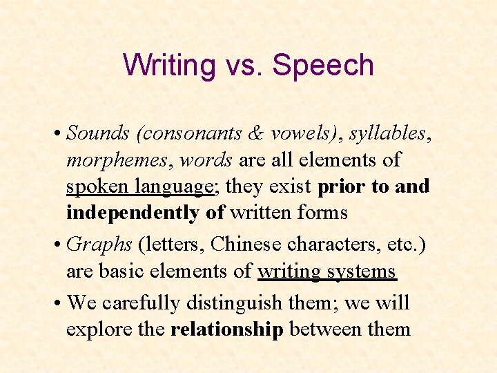 Writing vs. Speech • Sounds (consonants & vowels), syllables, morphemes, words are all elements