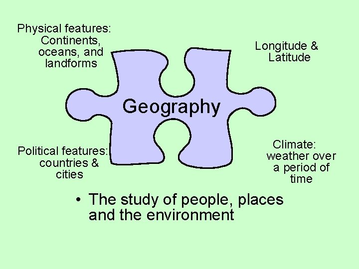 Physical features: Continents, oceans, and landforms Longitude & Latitude Geography Political features: countries &
